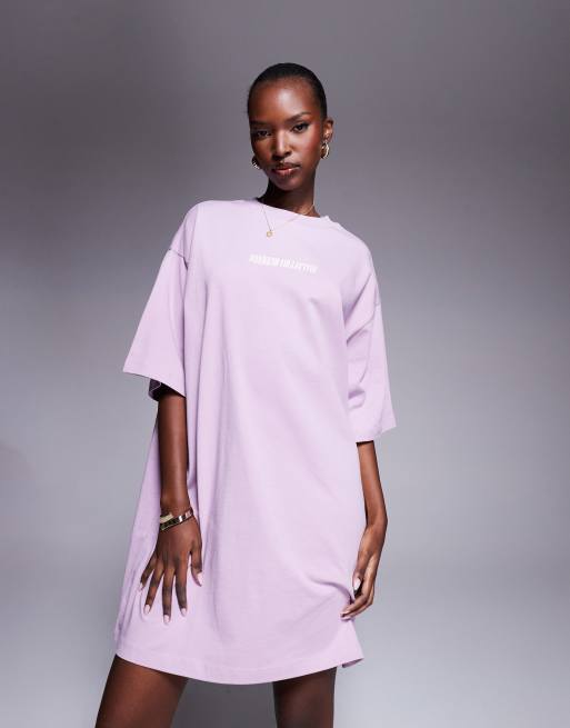 Weekend Collective T-shirt dress with stacked back logo in lilac and white