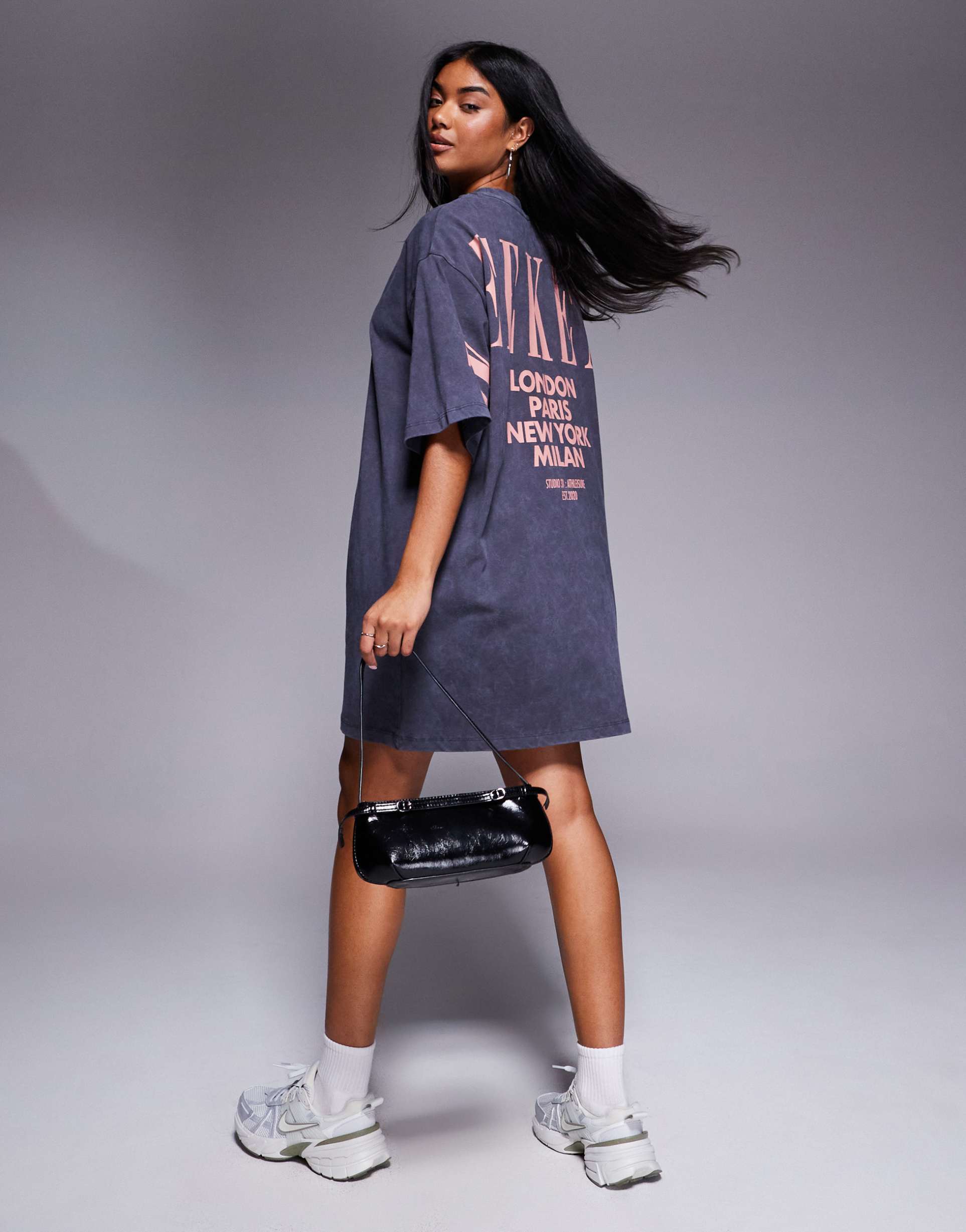weekend collective t-shirt dress with stacked back logo in washed charcoal and peach print