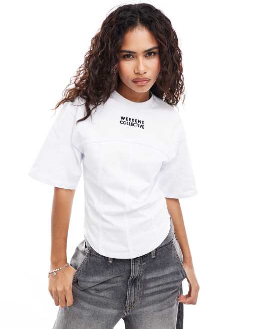 Weekend Collective – T-Shirt in Weiß mit Korsettdetail in der Taille