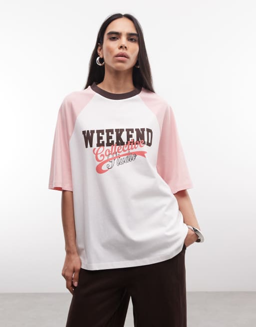 Weekend Collective – T-Shirt mit Raglanärmeln in Rosa und Grafik, 2 von 4