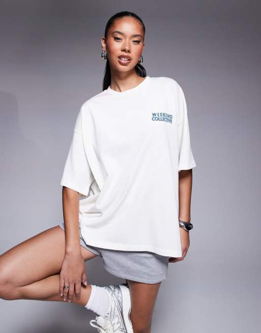 Weekend Collective - T-shirt oversize à imprimé cerises bleues - Écru, 2 de 4