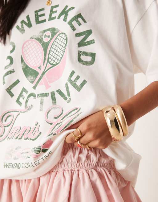 Weekend Collective - T-shirt oversize à imprimé tennis Athleisure - Crème, 4 de 4