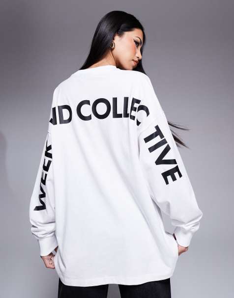 Weekend Collective - T-shirt oversize à manches longues avec logo dans le dos - Blanc - view 1