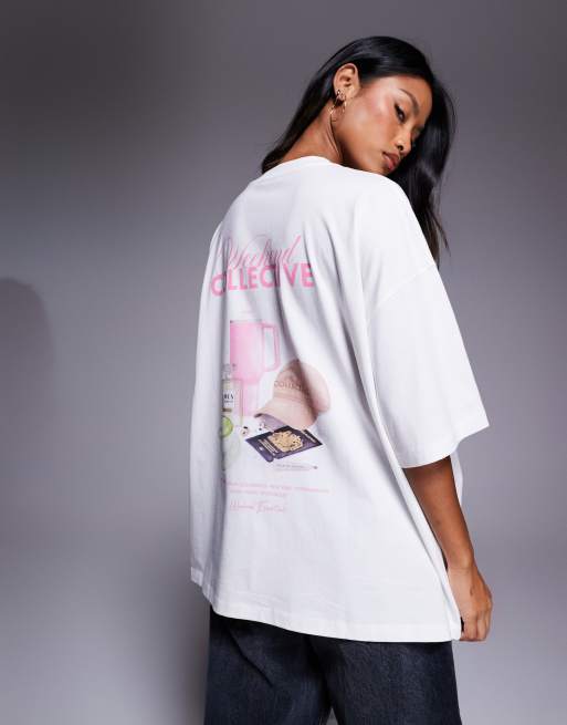 Weekend Collective - T-shirt oversize color latte di cocco con grafica a tema viaggi e benessere, 2 di 4