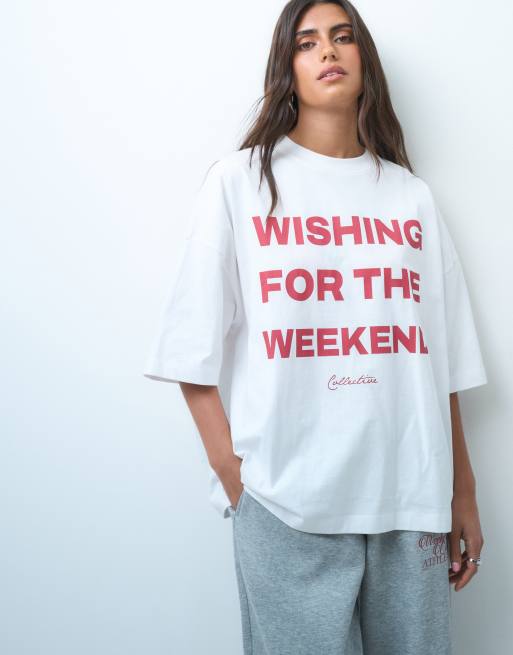 Weekend Collective T-shirt oversize con grafica wishing for the weekend bianca e bordeaux, 4 di 4