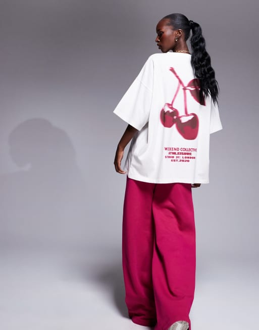 Weekend Collective - T-shirt oversize écru con grafica di ciliegia