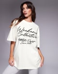 [ASOS Weekend Collective] Weekend Collective t-shirt with embroidered scribble graphic in cream-White M Cream