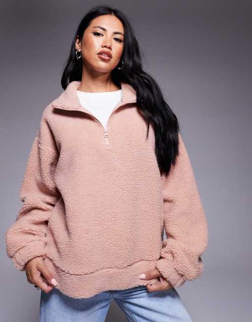 Weekend Collective teddy zip up fleece with burnout graphic in rose pink, 2 of 4