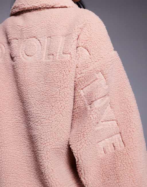Weekend Collective teddy zip up fleece with burnout graphic in rose pink, 3 of 4