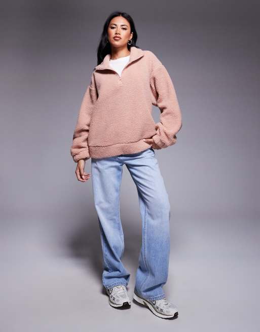 Weekend Collective teddy zip up fleece with burnout graphic in rose pink, 4 of 4
