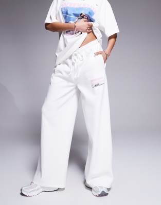 Asos Weekend Collective Weekend Collective Textured Wide Leg Sweatpants With Runner Graphic - Part Of A Set-white In White