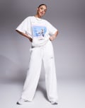[ASOS Weekend Collective] Weekend Collective textured wide leg trackies with runner graphic (part of a set)-White M Ecru