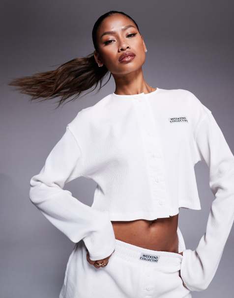 Weekend Collective - Top met wafelstructuur, knoopsluiting en nylon logopatch in kokosmelk, deel van co-ord set - view 1