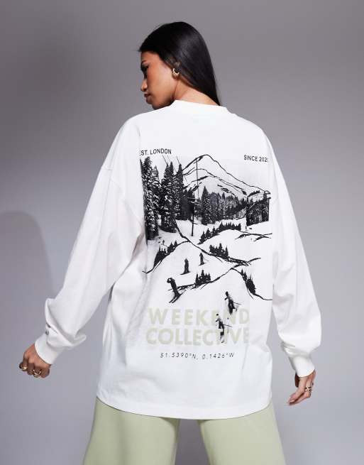 Weekend Collective - Top oversize color crema a maniche lunghe con stampa a tema sci