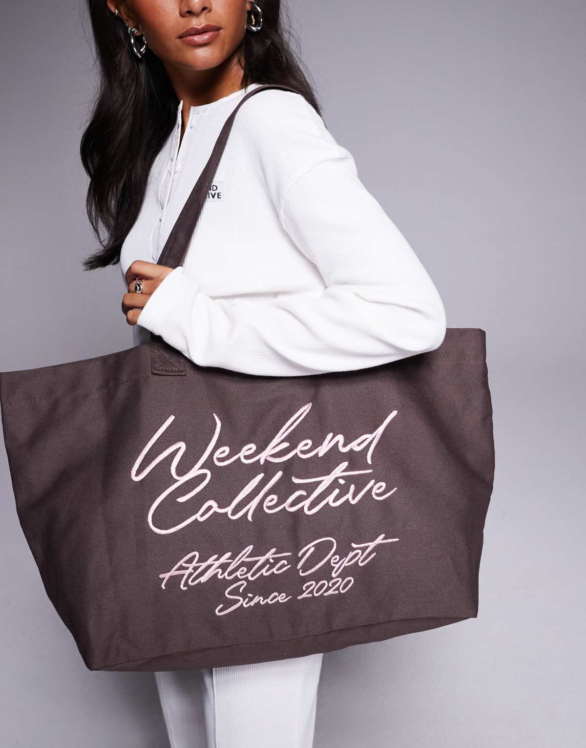Weekend Collective tote bag with scribble embroidery in chocolate