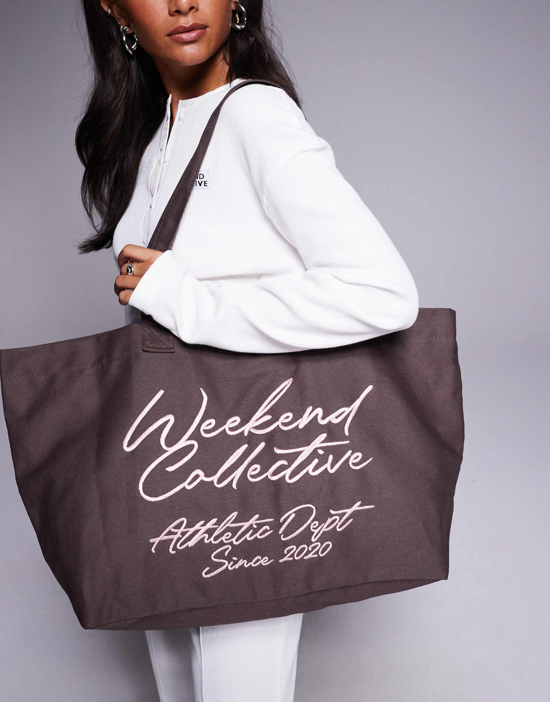 weekend collective tote bag with scribble embroidery in chocolate