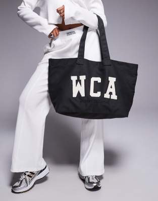 Asos Weekend Collective Weekend Collective Tote Bag With Varsity Graphic In Gray