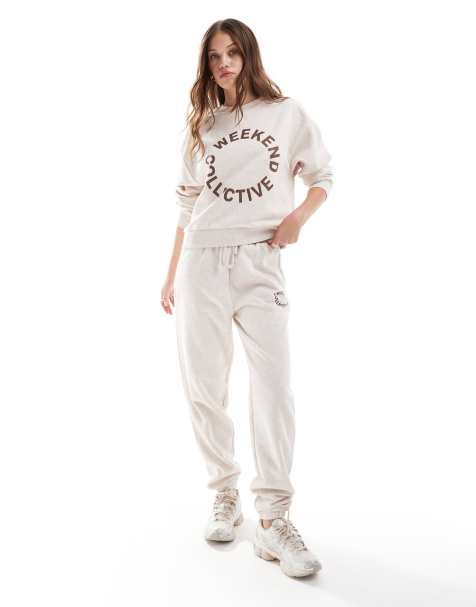 Weekend Collective trackies with brown round logo in oatmeal (part of a set) - view 1