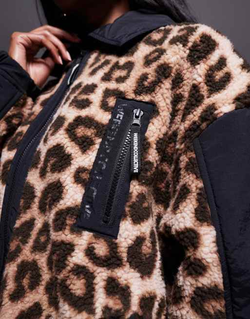 Weekend Collective - Trui van borg en nylon met ritssluiting in zwart met luipaardprint, 4 van 4