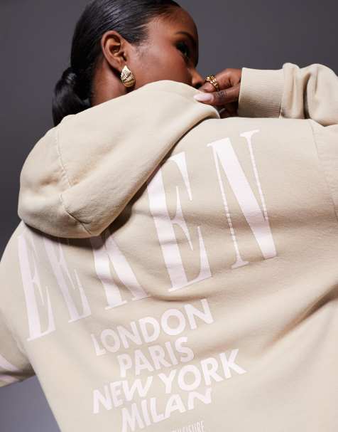 Weekend Collective - Vasket beige oversized hættetrøje med lyserødt logoprint på ryggen - view 1