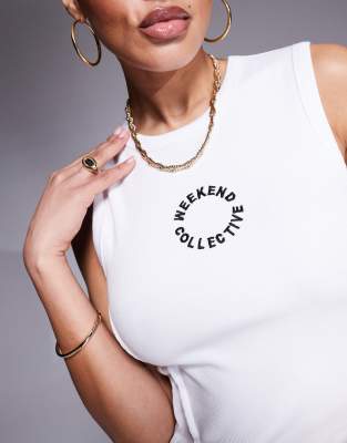 Shop Asos Weekend Collective Weekend Collective Vest With Embroidered Circle Logo In White