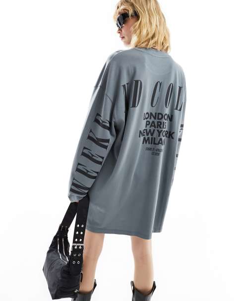 Weekend Collective - Vestito T-shirt oversize a maniche lunghe lavaggio antracite con logo sul retro - view 1