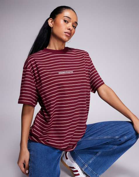 Weekend Collective – Vinröd, randig t-shirt i oversize - view 1
