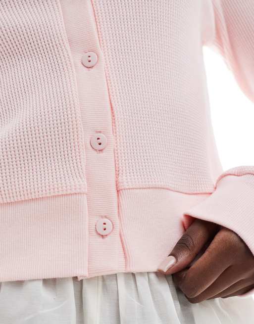 Weekend Collective waffle button through cardigan in pink, 3 of 4
