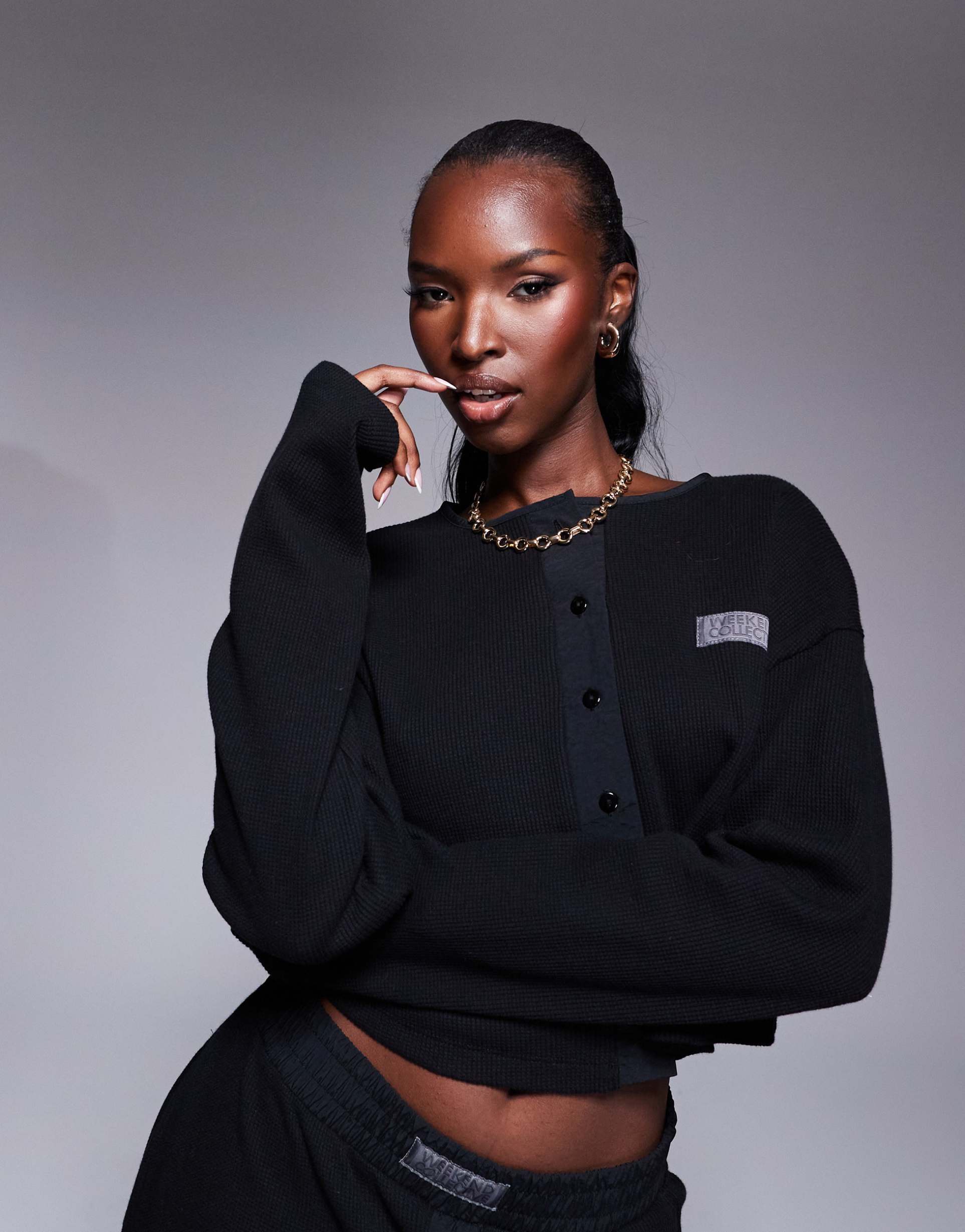 weekend collective waffle button top with nylon in black - part of a set