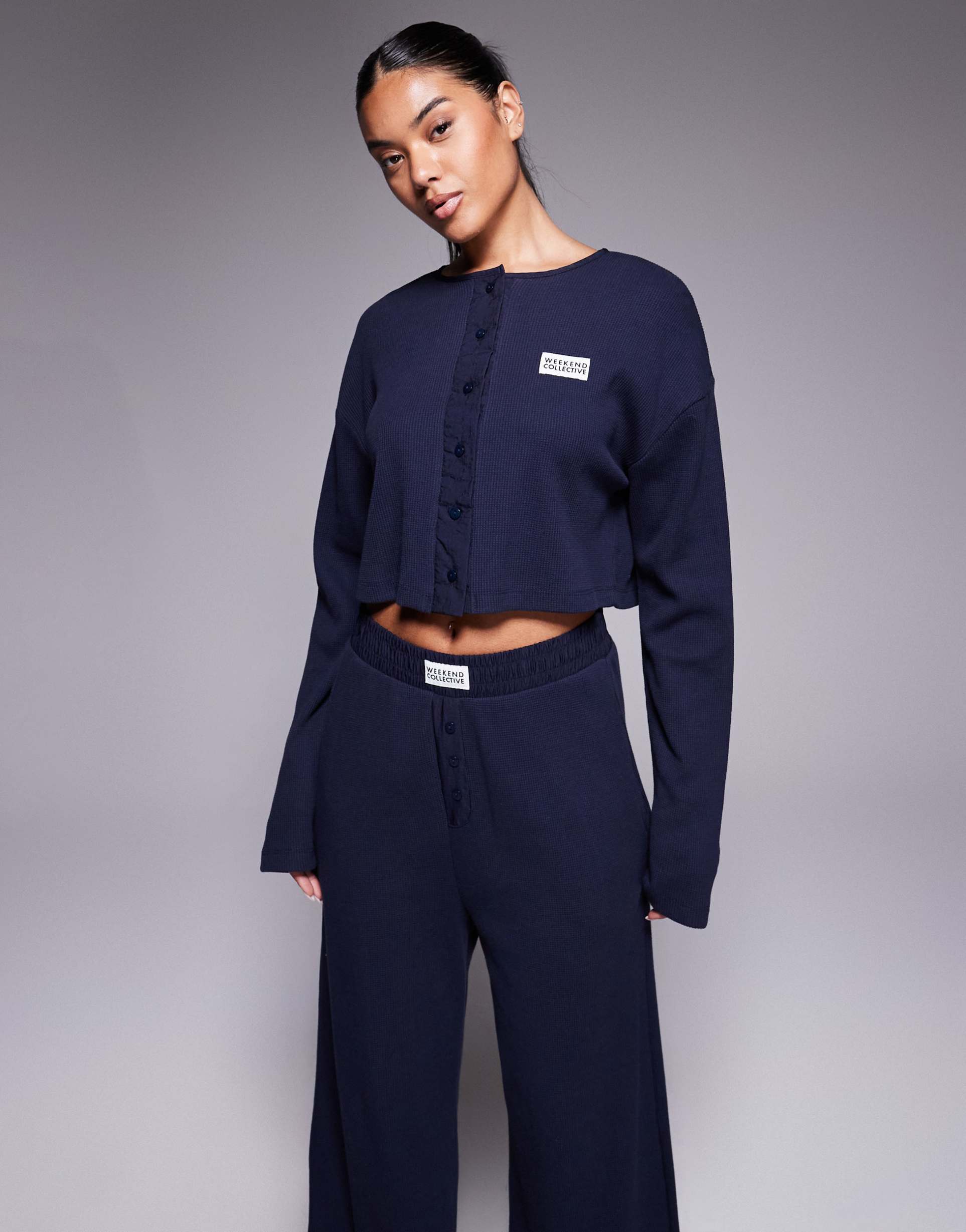 weekend collective waffle button top with nylon in navy - part of a set