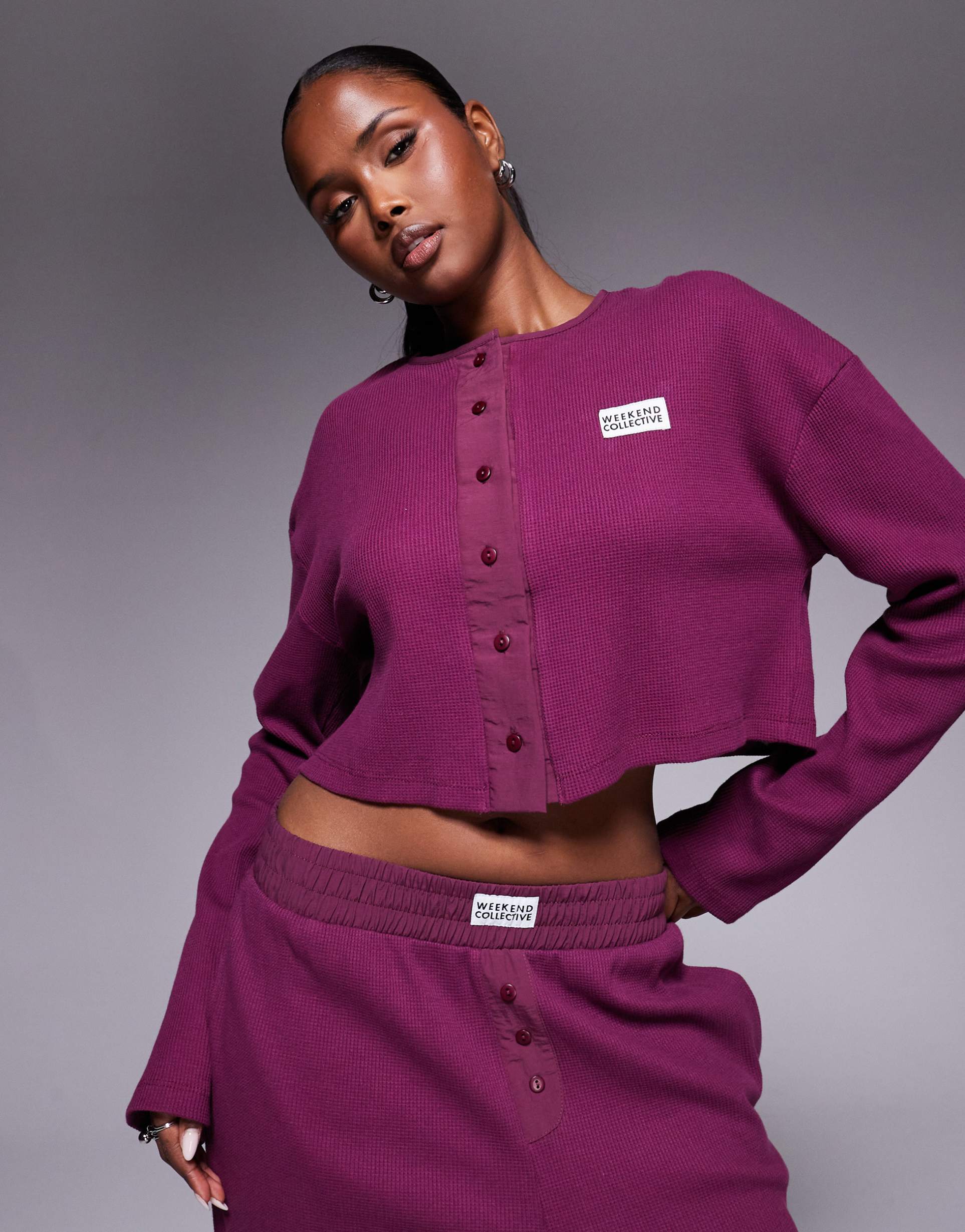 weekend collective waffle button top with nylon in plum - part of a set
