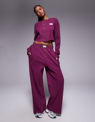 Asos Weekend Collective Weekend Collective Waffle Wide Leg Sweatpants With Nylon Detail In Purple