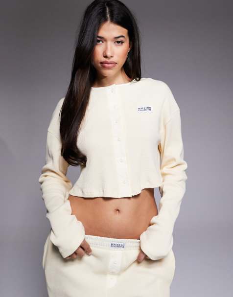 Weekend Collective waffle button top with nylon patch in buttermilk (part of a set) - view 1