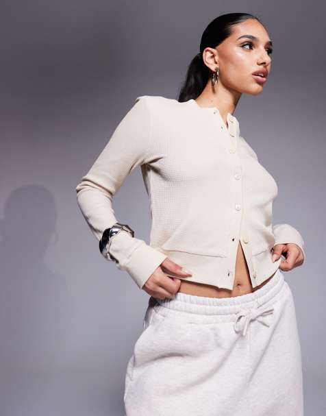 Weekend Collective waffle cardigan with woven label in stone - view 1