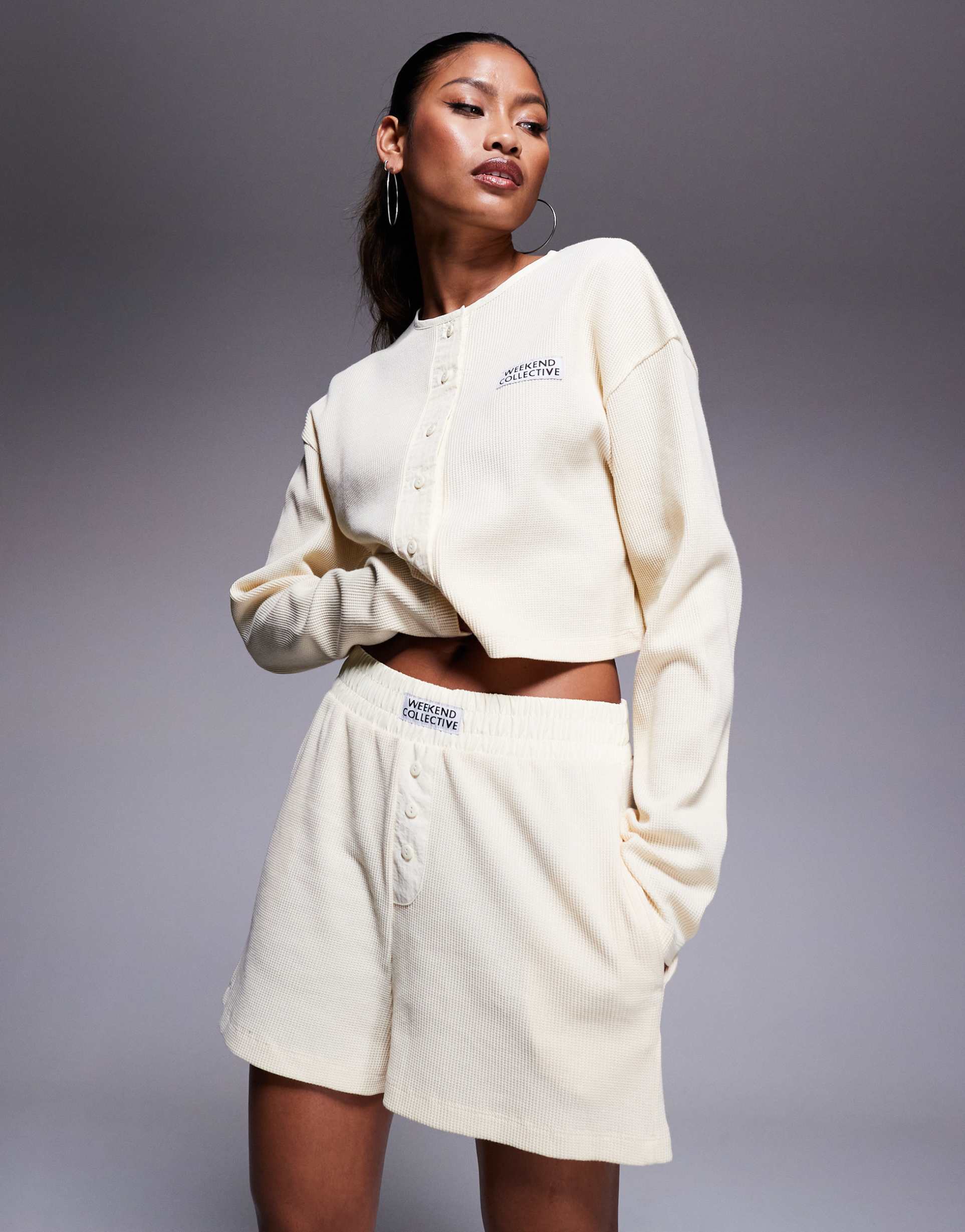 weekend collective waffle knit button top with nylon trim in buttermilk - part of a set