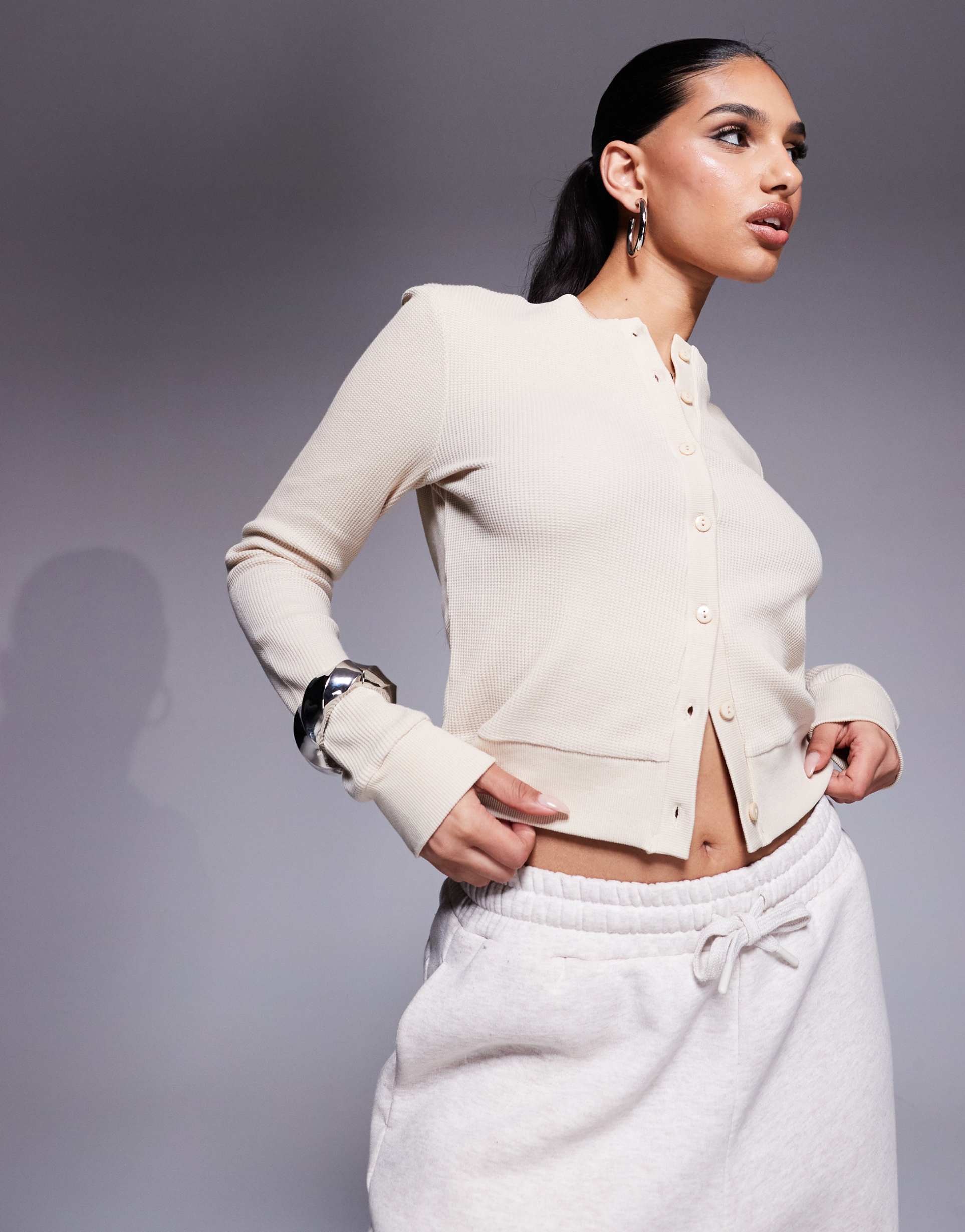 weekend collective waffle knit cardigan with woven label in stone