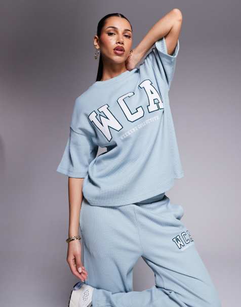 Weekend Collective waffle knit top and sweatpants set with varsity logo in sage green - view 1
