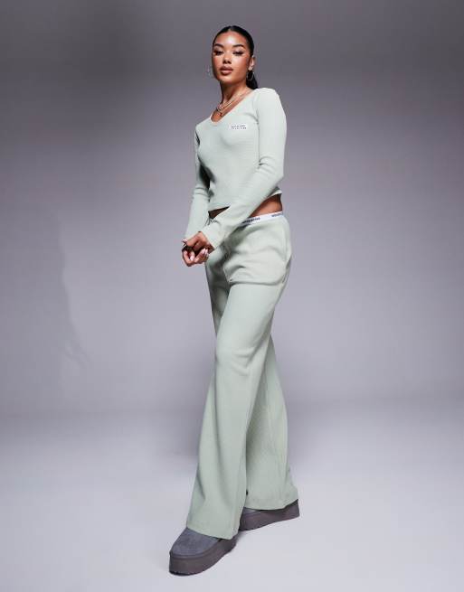 Weekend Collective waffle knit v neck top and sweatpants set in sage green
