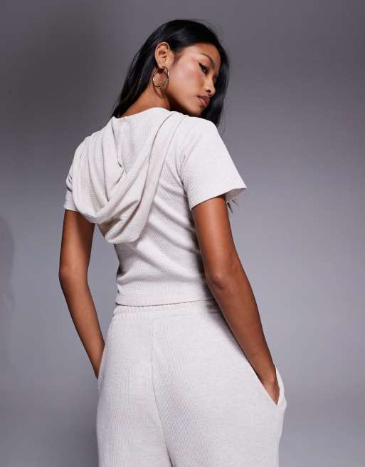 Weekend Collective waffle short sleeve zip through hoodie in oatmeal, 3 of 4