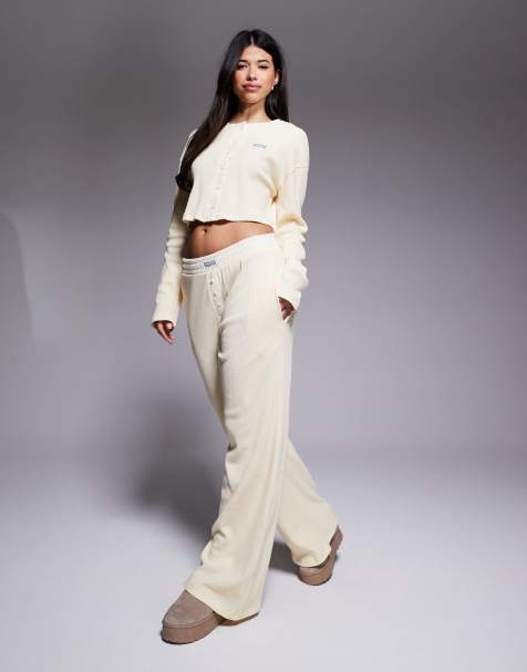 Weekend Collective waffle-texture wide leg sweatpants with nylon in buttermilk - part of a set - view 1