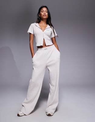 ASOS Weekend Collective Weekend Collective waffle wide leg jogger in oatmeal-Neutral