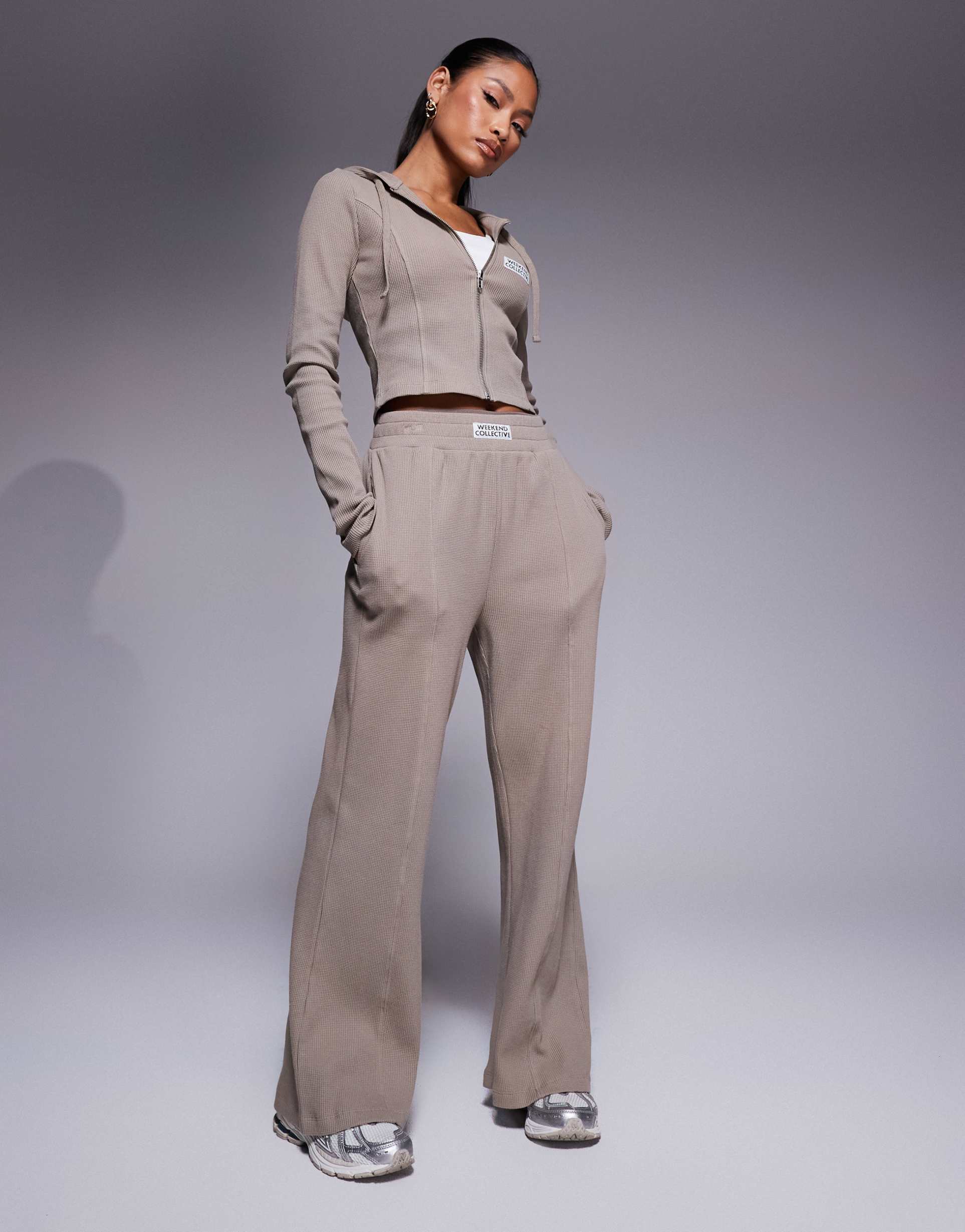 weekend collective waffle wide leg pants in neutral - part of a set