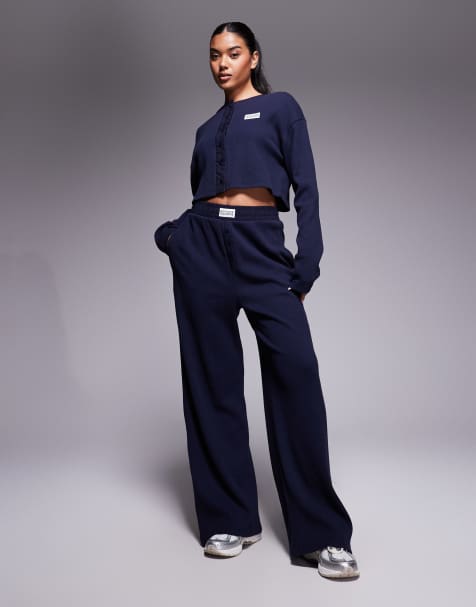 Weekend Collective waffle wide leg sweatpants with nylon detail in navy - part of a set - view 1