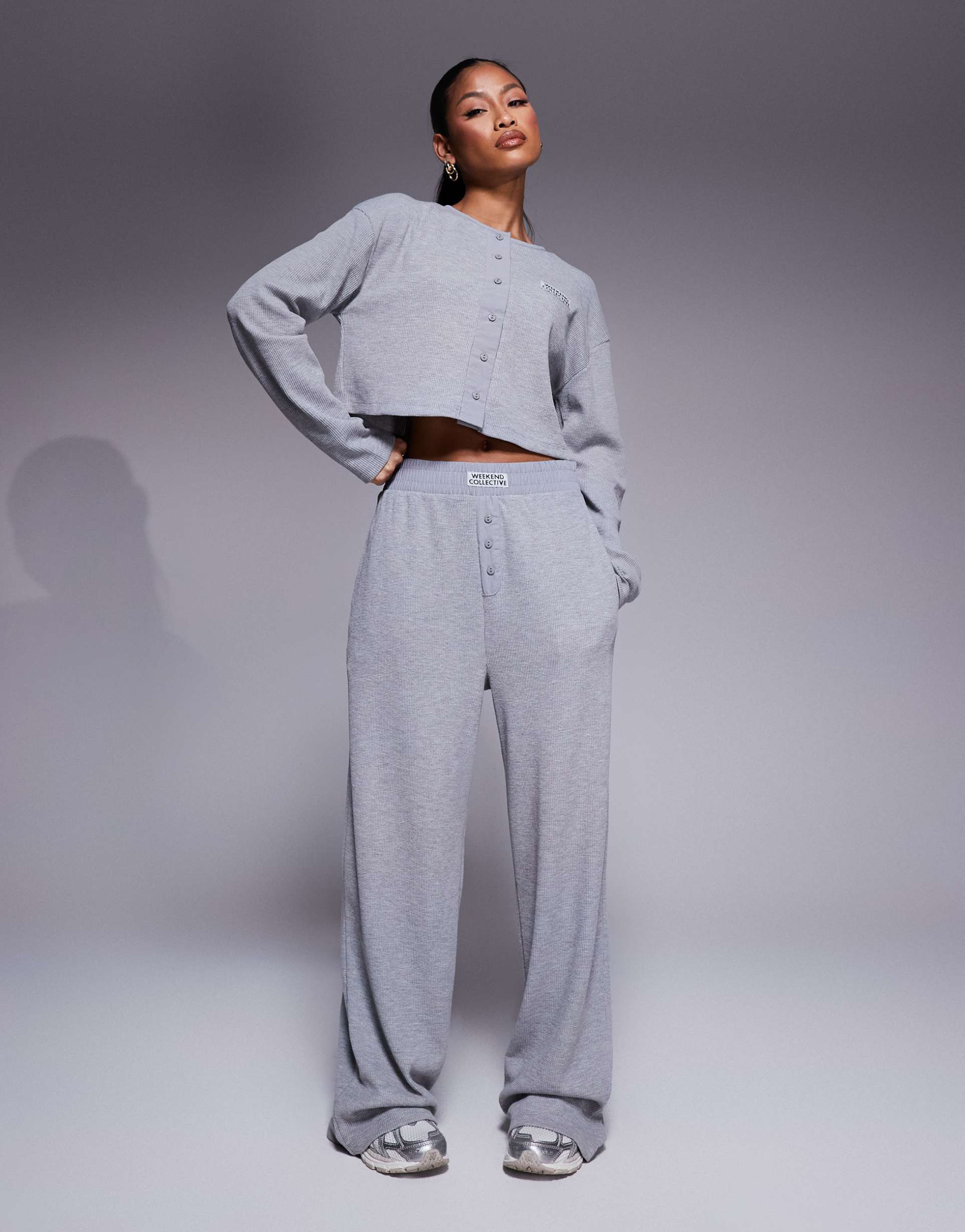 weekend collective waffle wide leg sweatpants with nylon in gray heather - part of a set