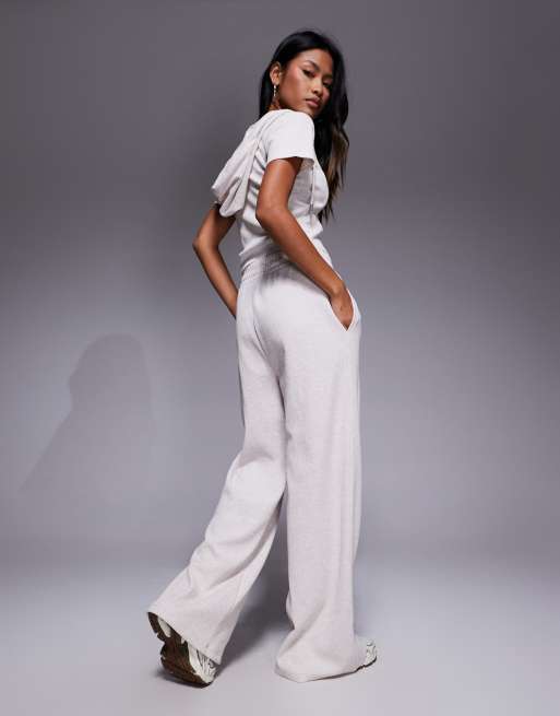Weekend Collective waffle wide leg trackies in oatmeal, 2 of 5