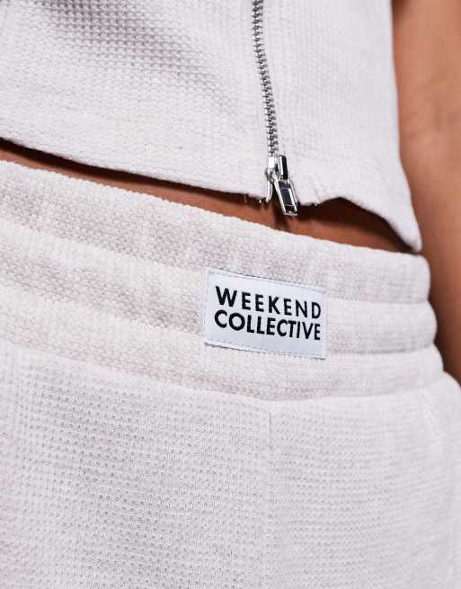Weekend Collective waffle wide leg trackies in oatmeal, 3 of 5