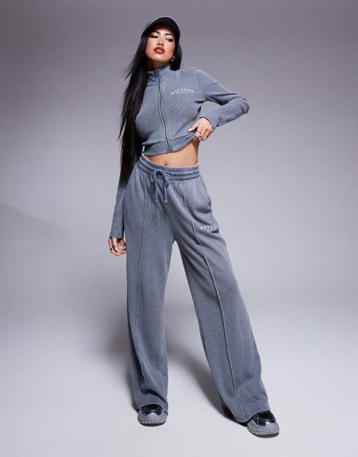 Weekend Collective waffle wide leg trackies with logo in acid washed grey (part of a set)