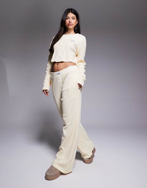 Weekend Collective waffle wide leg trackies with nylon in buttermilk (Part of a set)