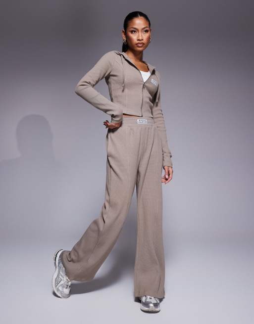 Weekend Collective waffle zip through hoodie and trackies set in neutral