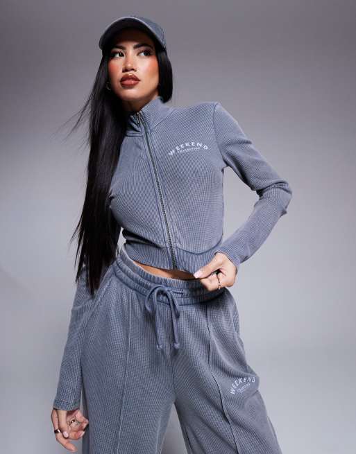 Weekend Collective waffle zip through sweatshirt with logo in acid washed grey (part of a set)